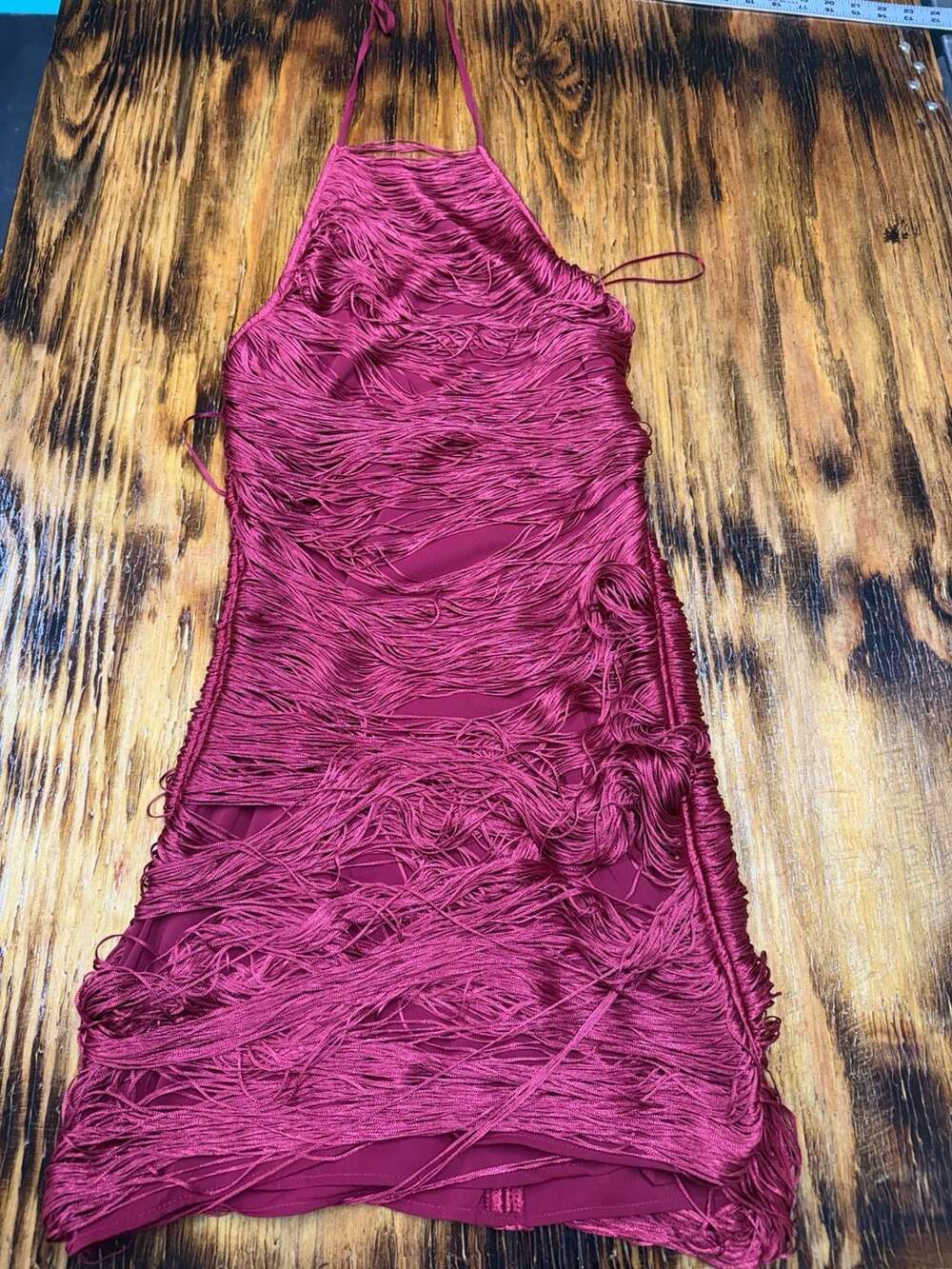 Zara Fringe Halter Dress Size S Burgundy